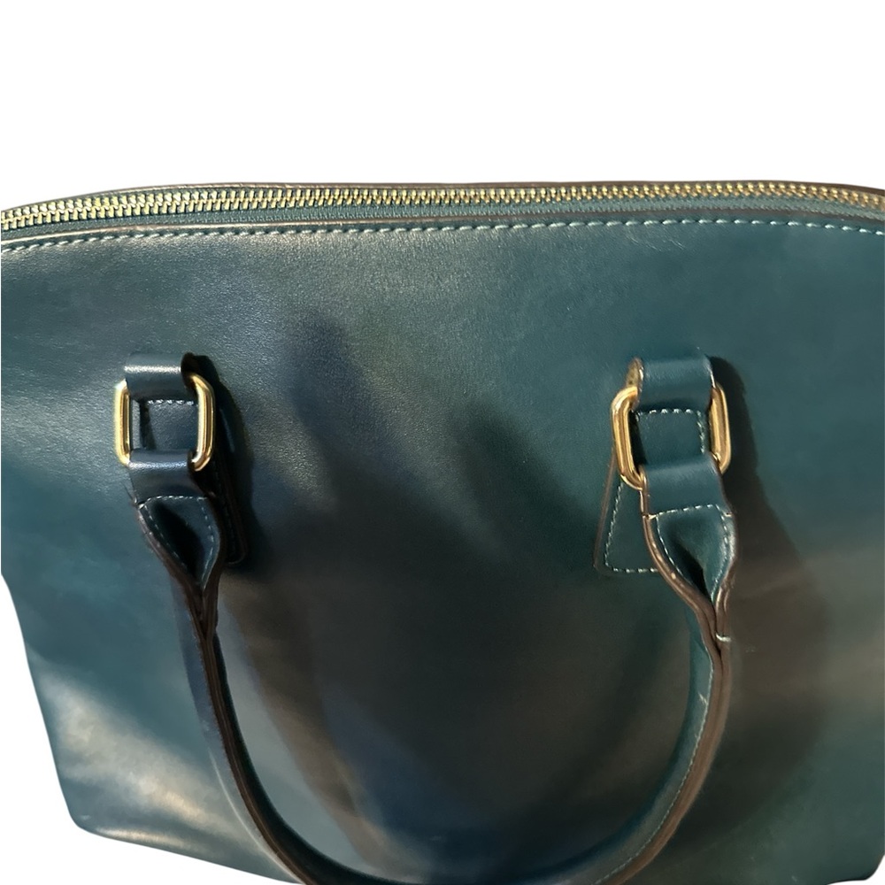 Adrienne Vittadini teal leather satchel gold accents charm and feet like new - Picture 2 of 16